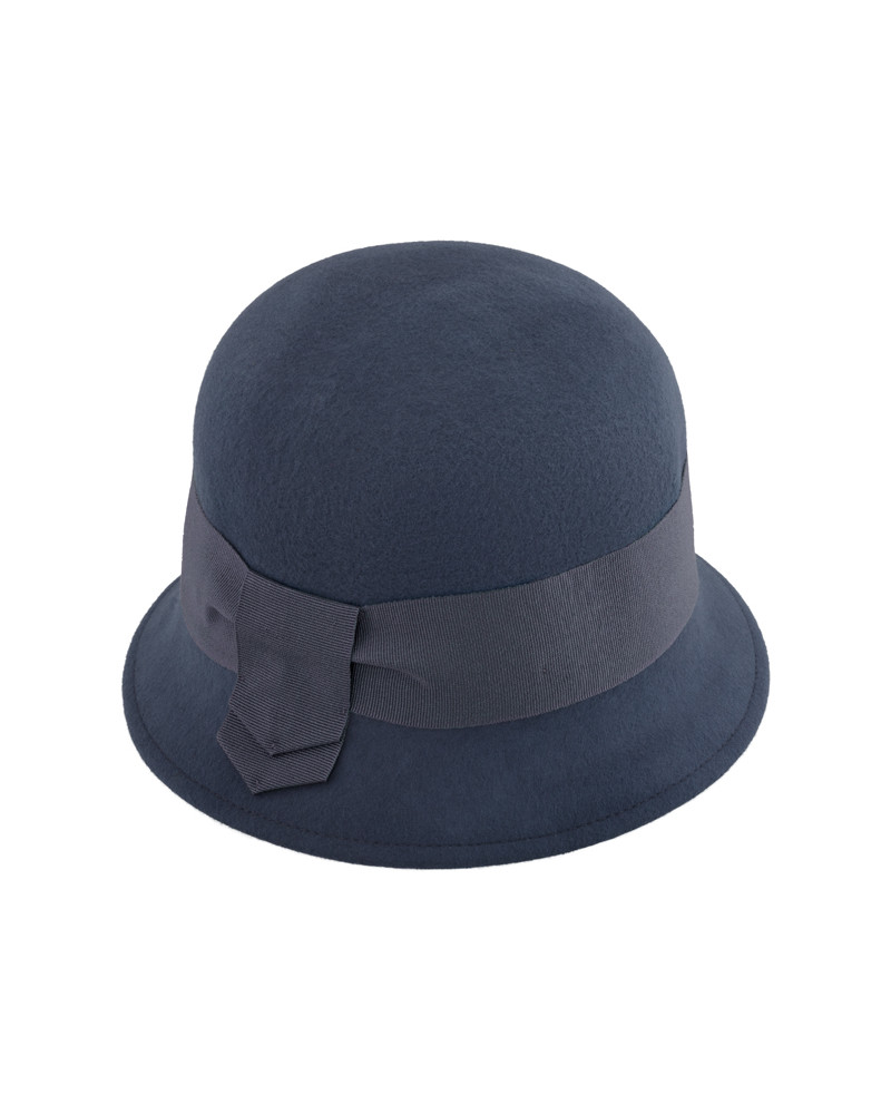 Chapeau cloche bicolore en feutre de laine bleu gris ruban velours