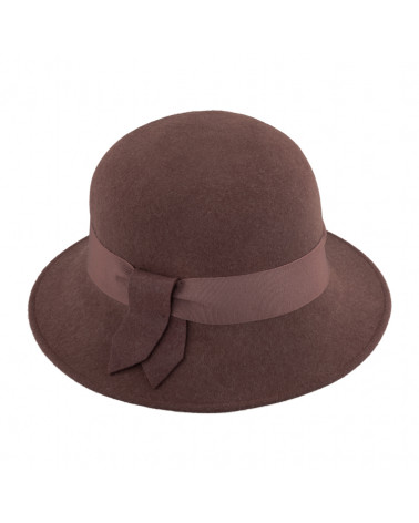 Chapeau forme cloche en feutre de laine avec ruban coloris Brun