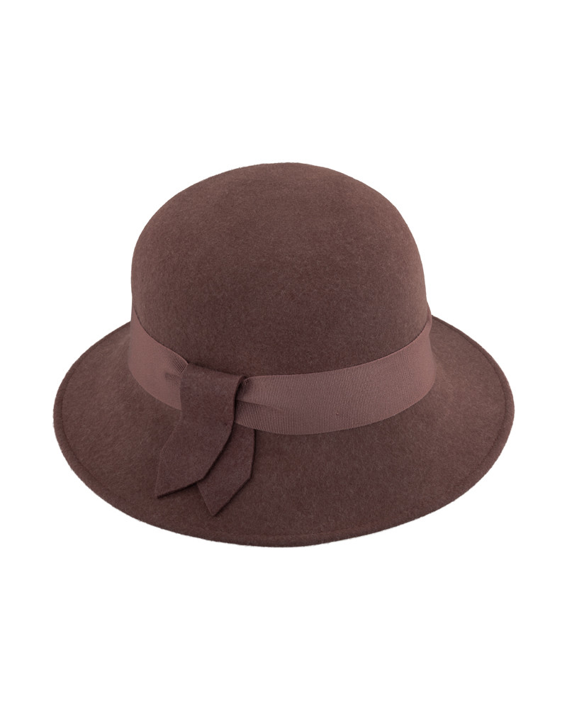 Chapeau forme cloche en feutre de laine avec ruban coloris Brun