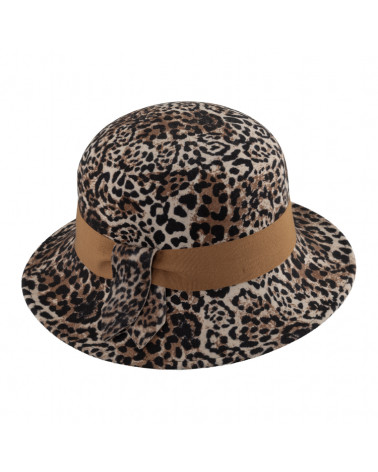 Chapeau forme cloche en feutre de laine avec ruban motif animal