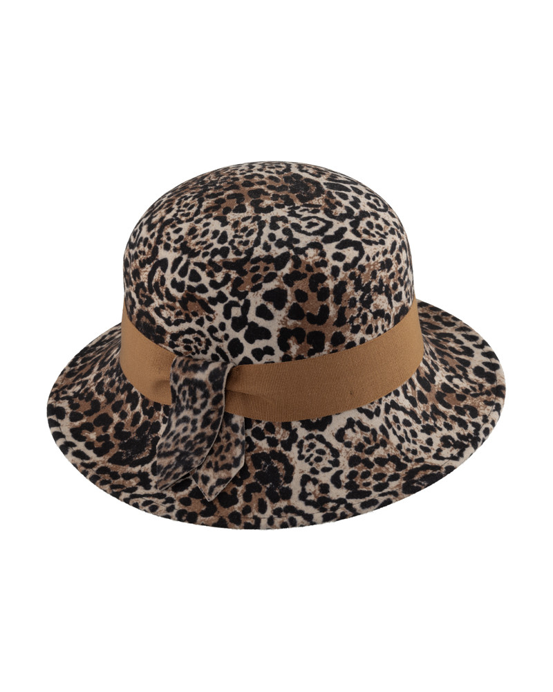 Chapeau forme cloche en feutre de laine avec ruban motif animal