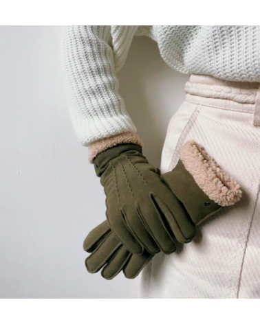 Gants en cuir de chèvre velours coloris Olive - Isotoner Gants en cuir de chèvre velours coloris Olive - Isotoner