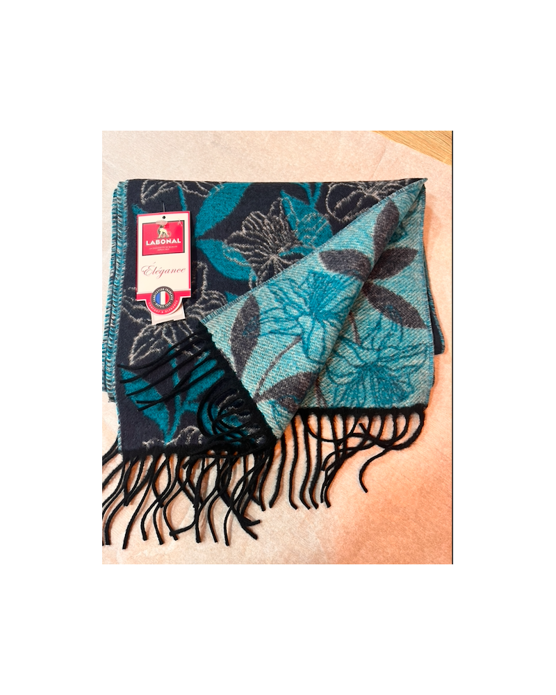Écharpe Labonal à motifs floraux coloris marine turquoise – Fabrication française 100% acrylique