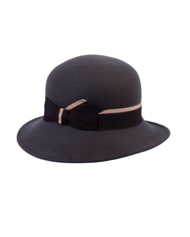 Chapeau forme cloche en feutre de laine avec ruban coloris gris Brun