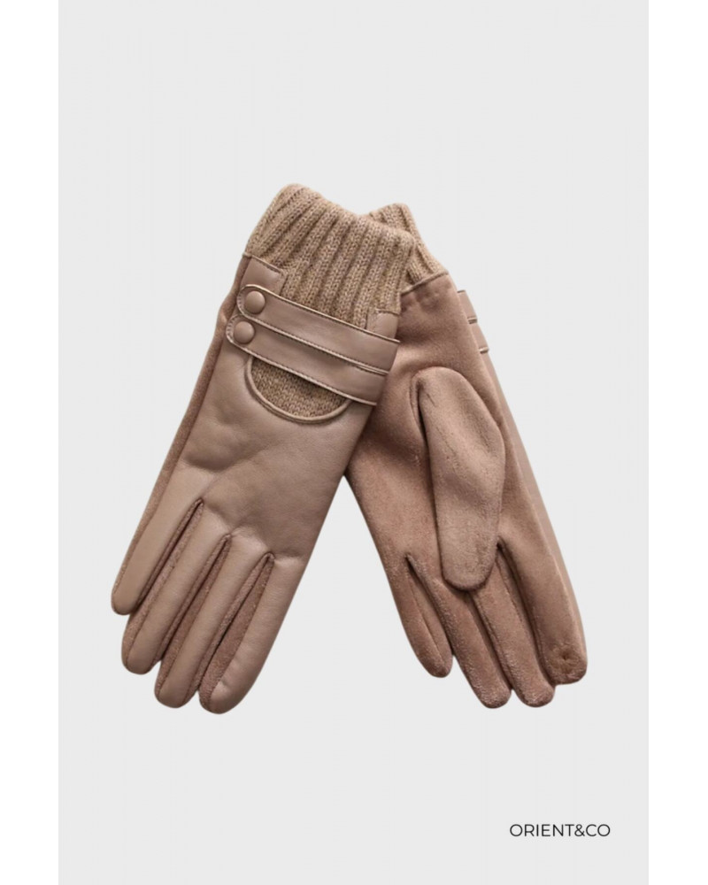 Gants femme chic taupe – Effet cuir & maille douce – Poignet boutonné