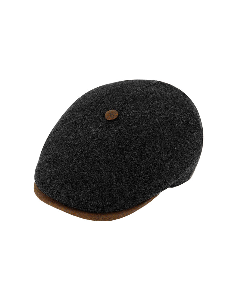 Casquette 6 côtes en laine vierge bord similicuir coloris anthracite - Chapo & co