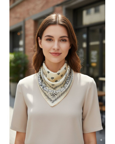 Foulard carré 70x70 en soie imprimé Bandana écru - Chapo & Co