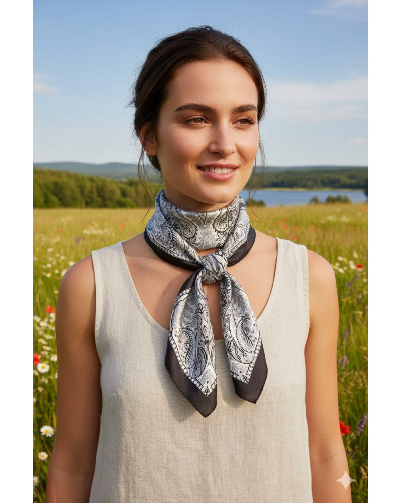 Foulard carré 70x70 en soie imprimé fantaisie coloris noir - Chapo & Co