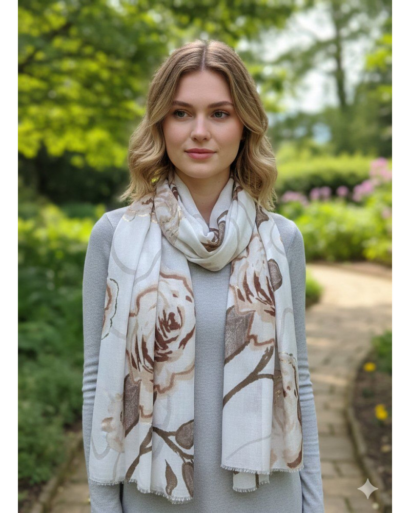 Foulard écharpe femme en coton imprimé fleur coloris beige - Chapo & Co