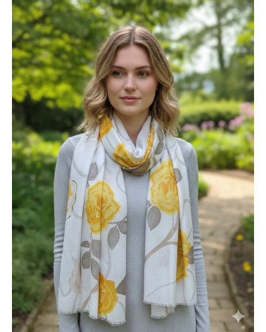 Foulard écharpe femme en coton imprimé fleur coloris jaune - Chapo & Co