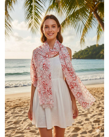 Foulard écharpe femme en coton imprimé fleur avec dorure coloris rouge - Chapo & Co