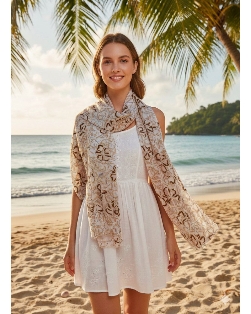 Foulard écharpe femme en coton imprimé fleur avec dorure coloris taupe- Chapo & Co