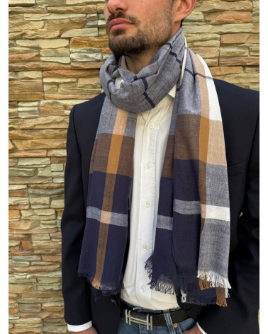 Foulard chèche en 100% coton indien motifs carreaux coloris bleu - Chapo & Co