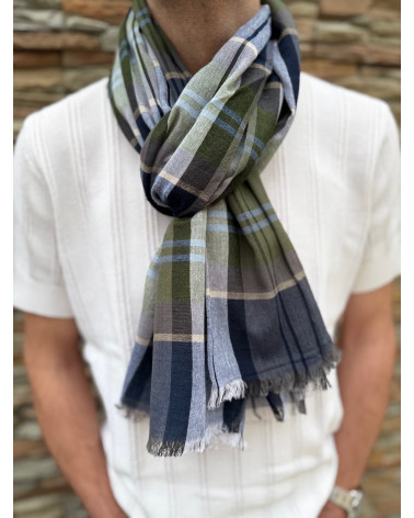 Foulard chèche en 100% coton indien motifs carreaux coloris kaki - Chapo & Co