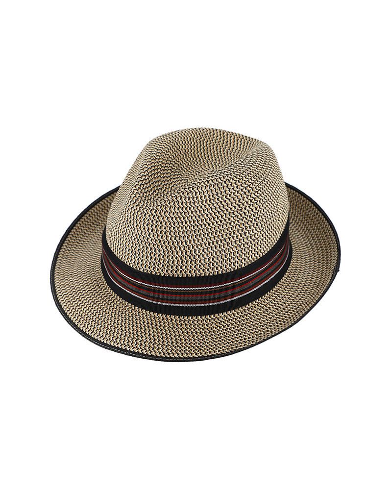 Chapeau forme Fedora en paille papier avec ruban rayé assorti coloris beige - Chapo & Co