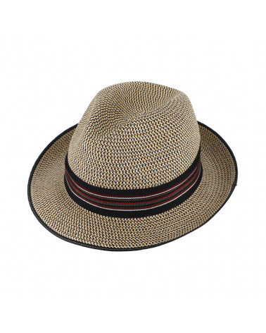 Chapeau forme Fedora en paille papier avec ruban rayé assorti coloris beige - Chapo & Co