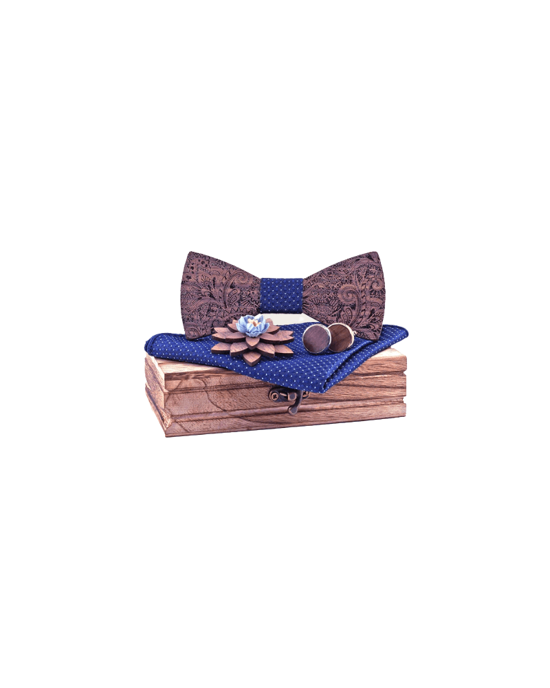 Coffret noeud papillon en bois modèle Cotinus tissu bleu