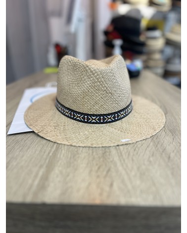 Chapeau forme Fedora en 100% paille décor aztèque - Fléchet