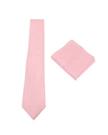 Cravate 3 plis coloris saumon avec son mouchoir de poche assorti