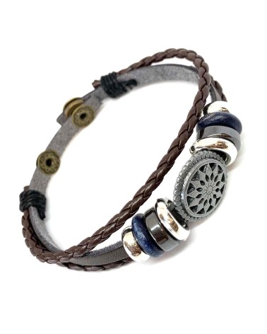 Bracelet cordon cuir brun et motif en métal pour homme