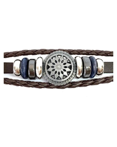 Bracelet cordon cuir brun et motif en métal pour homme