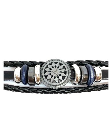 Bracelet cordon cuir noir et motif en métal pour homme