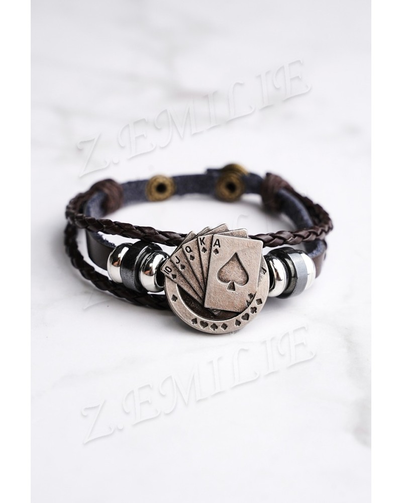 Bracelet cordon cuir brun et motif Poker en métal pour homme