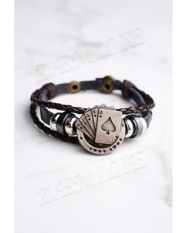 Bracelet cordon cuir brun et motif Poker en métal pour homme