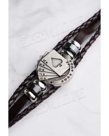 Bracelet cordon cuir brun et motif Poker en métal pour homme