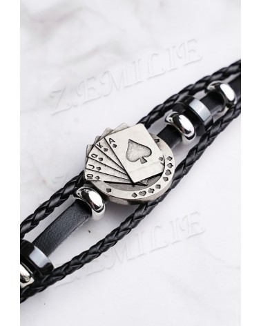 Bracelet cordon cuir et motif Poker en métal pour homme