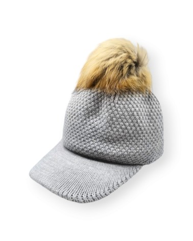 Casquette de baseball en tricot doublure polaire avec pompon coloris gris