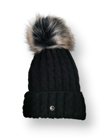 Bonnet tricot à pompon grosses torsades coloris noir