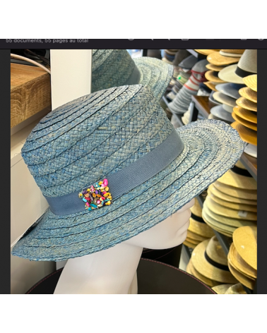 Chapeau canotier en 100 % paille coloris orné d'un bijou fantaisie pf1018 bleu