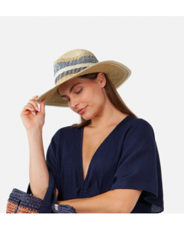 Chapeau à larges bords modèle Hayley coloris beige et bleu